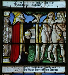 Fenster mit Darstellung von Adam und Eva, die ihre Nacktheit verbergen